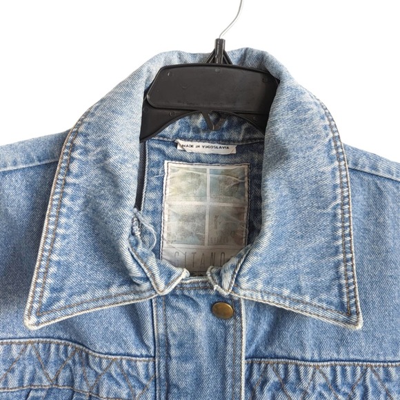 Vintage 80's Rare Gitano Medium Wash Zip Up Collared Pleated Denim Jacket Large - Picture 6 of 9